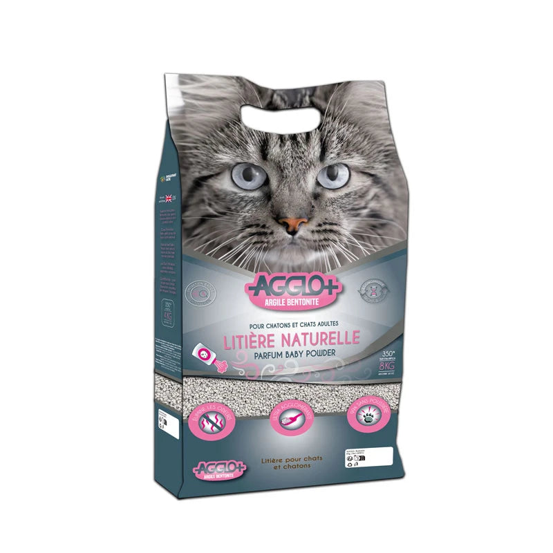 Litière agglomérante bentonite parfum poudre de bébé Agglo+ 8 kg