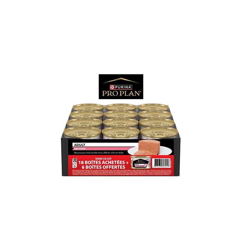 Pâtée chat adulte digestion sensible dinde mousse Pro Plan Delicate 85 g — Lot promo 24x85 g + 6 gratuites
