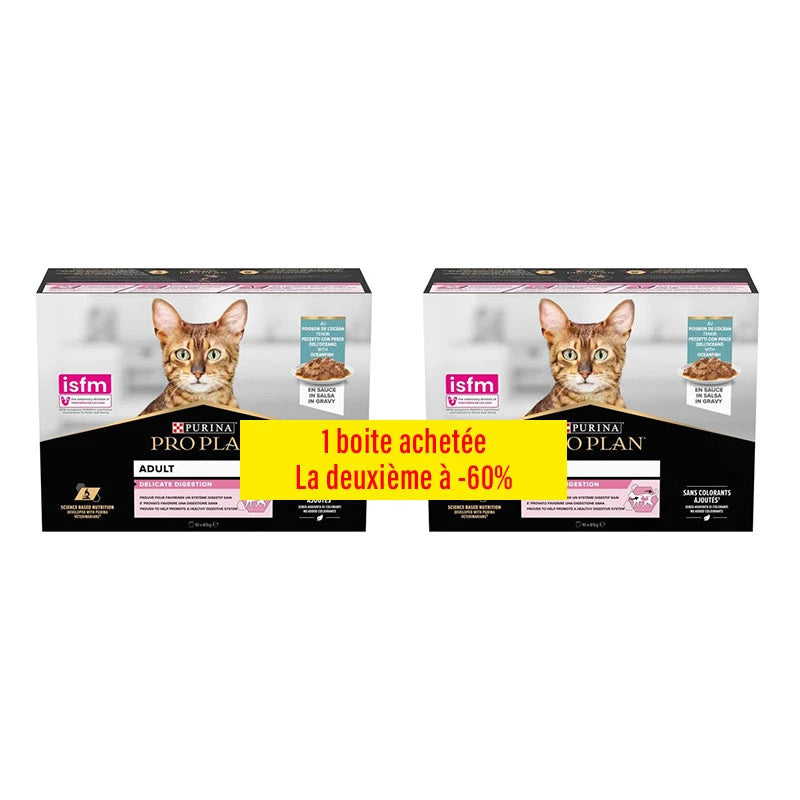 Sachets fraîcheur chat digestion sensible multivariété dinde et poisson Pro Plan Delicate 10x85 g — Lot promo 2ème boîte -60%