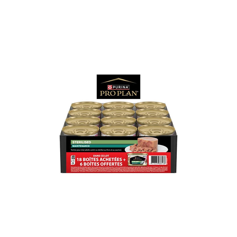 Pâtée chat stérilisé thon et saumon terrine Pro Plan Sterilised 85 g — Lot promo 24x85 g + 6 gratuites